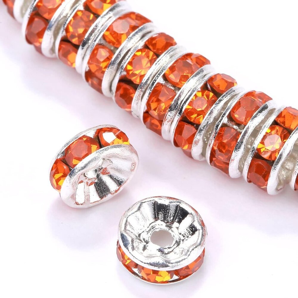 100Pcs Rondelle Spacer Beads Crystal Charms Silver Plated Czech Rhinestone Loose